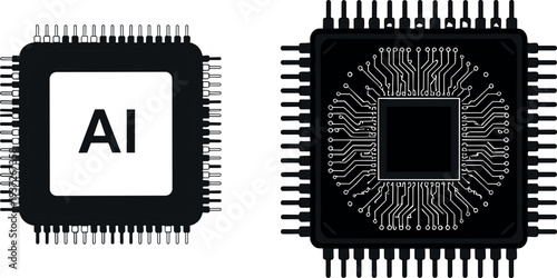 Artificial intelligence microchip set featuring an AI labeled processor and a detailed electronic circuit motherboard component for modern computing technology.