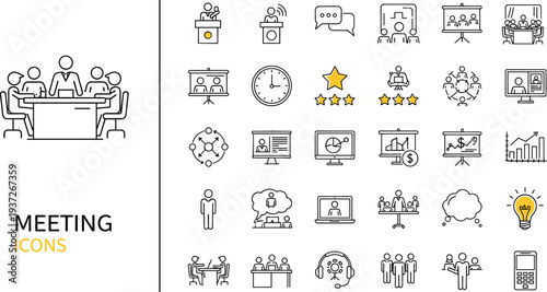 Business meeting icon set with yellow accents featuring professional presentation symbols, corporate teamwork illustrations, video conference signs, and management graphics.