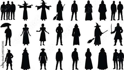 Fantasy character silhouettes set, witches, wizards, hooded figures, warriors, people standing poses, mysterious magic costume characters isolated collection