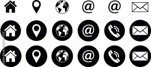 Contact information icon set featuring professional communication symbols for email, phone calls, web address, location pin, and home homepage buttons.