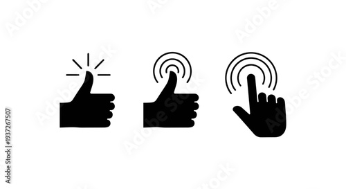 Minimalist flat vector illustration of hand gesture icons showing a thumb touch interaction.