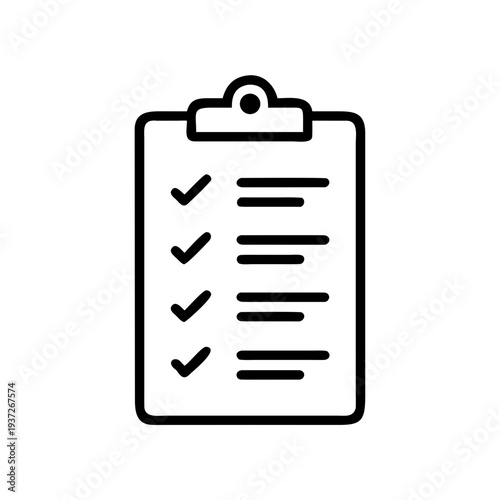 A simple black and white vector graphic of a clipboard with a checklist