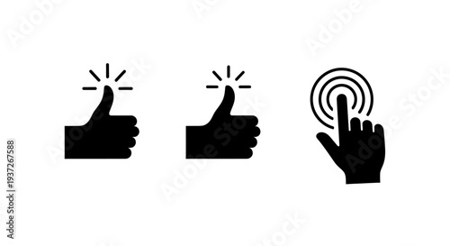 Minimalist flat vector illustration of hand gesture icons showing a thumb touch interaction.
