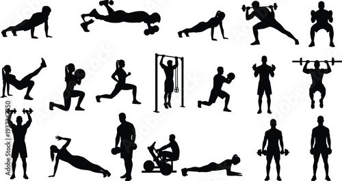 Fitness workout silhouettes collection, men and women performing strength training, push ups, weightlifting and gym exercises isolated on white background