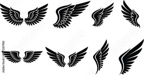 Set of black eagle wings in flight flat design vector illustration scalable graphic art for logos and icons