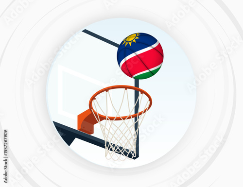 Namibia Flag Themed Basketball in Motion, Scoring Moment in Basketball Game.
