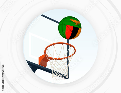 Zambia Flag Themed Basketball in Motion, Scoring Moment in Basketball Game.