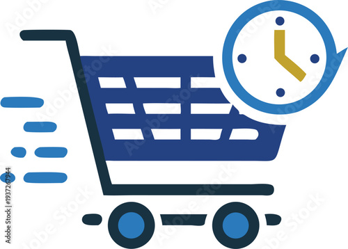 Shopping cart icon and clock combination, signifying the efficiency and speed of online purchasing and delivery.