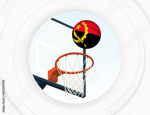 Angola Flag Themed Basketball in Motion, Scoring Moment in Basketball Game.