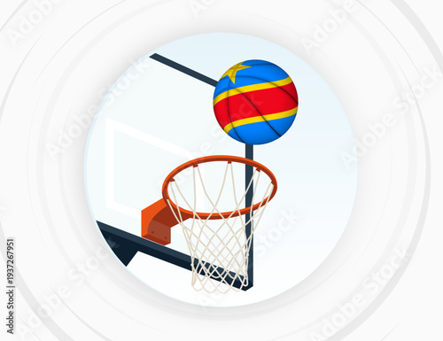 DR Congo Flag Themed Basketball in Motion, Scoring Moment in Basketball Game.