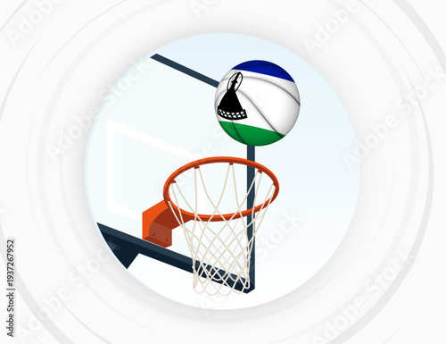 Lesotho Flag Themed Basketball in Motion, Scoring Moment in Basketball Game.