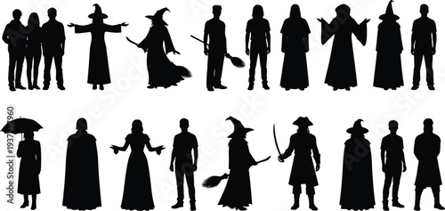 Halloween characters silhouettes collection, witches, pirates and people in spooky costumes isolated on white background for holiday design