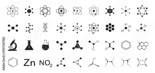 Collection of scientific icons representing molecules, atoms, and chemical structures for educational and research purposes