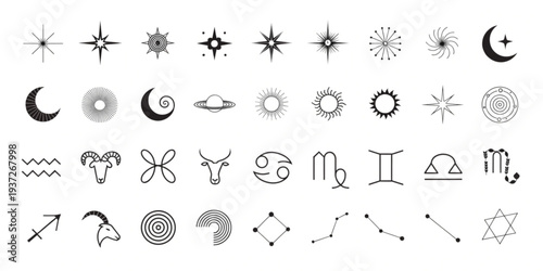 Collection of Celestial and Zodiac Symbols Including Suns, Moons, Stars, Constellations, and Astrological Signs