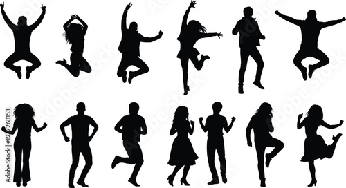 Jumping and dancing people silhouettes collection, men and women celebrating, running and moving with energy isolated on white background