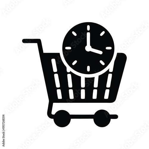 Conceptual icon of a shopping cart with a clock, signifying quick purchasing and delivery options