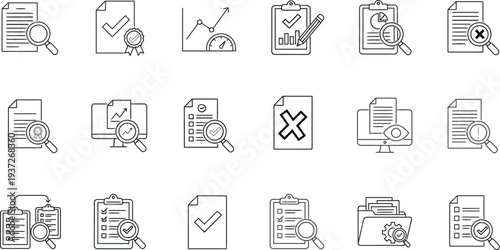 Business and productivity flat design vector icon set with search, check, approval, and analytics elements vector illustration