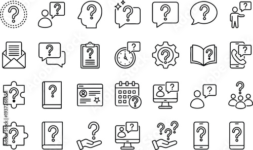 Question mark and idea lightbulb icons set with business and technology symbols flat design vector illustration