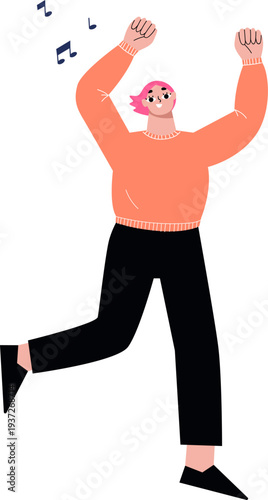 Dancing person enjoy music. Happy character listen song