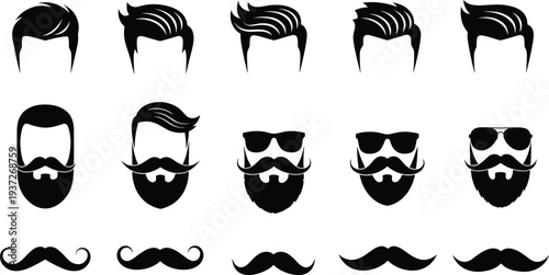 Men hairstyle, beard and mustache silhouettes collection, male grooming icons with different haircuts and facial hair styles isolated on white background