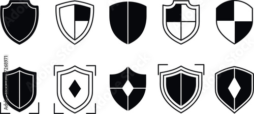 Shield badge icons collection, heraldic protection shields, security emblem symbols medieval style vector illustration set