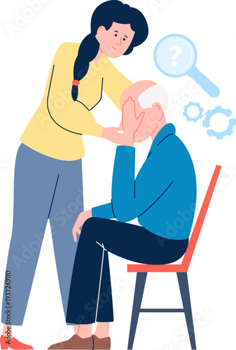 Aging mental problem. Woman care about elderly man