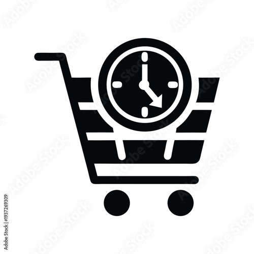 Line icon combining a shopping cart and a clock, symbolizing quick online purchasing decisions