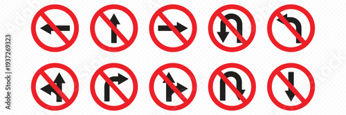 turn right prohibited road sign collection  no forward and left turn allowed  move direction forbidden  red crossed circle vector pictogram