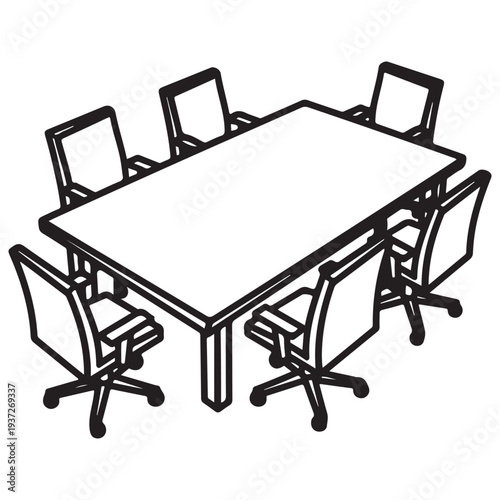 Modern conference table setup with six rolling chairs around it