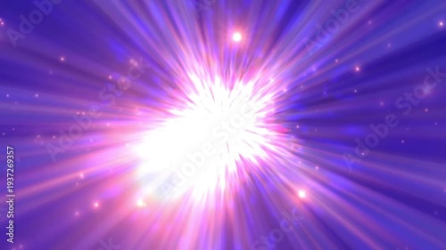 Luminous star shape burst with purple and blue radial light rays and glowing particles motion background