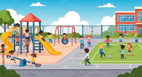 Children Playing and Running in a Vibrant Playground Scene.