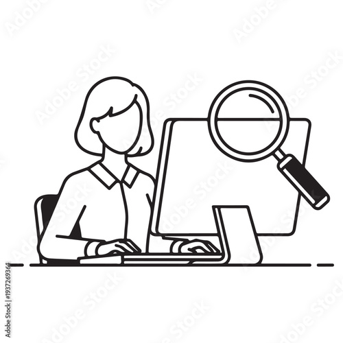 Professional woman using a computer with a magnifying glass over the screen for research or analysis