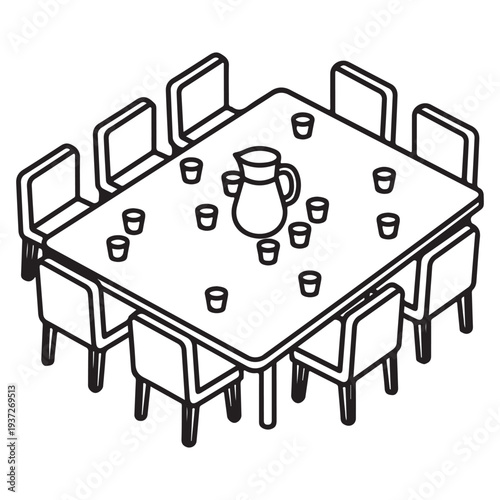 A stylized illustration of a dining setup with chairs and a central table