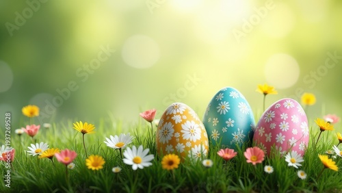 easter eggs decorated with flowers nestled in green grass spring festive outdoor scene concept of greeting cards, seasonal marketing, retail promotion
