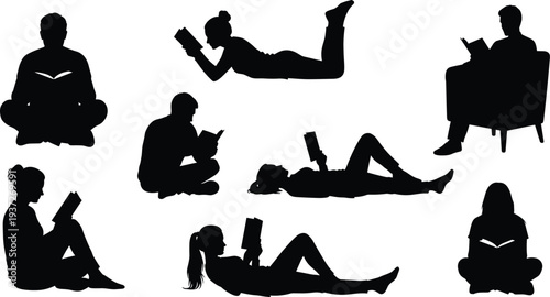 People reading book silhouettes collection, men and women sitting, lying and relaxing while reading literature, education lifestyle characters isolated on white background