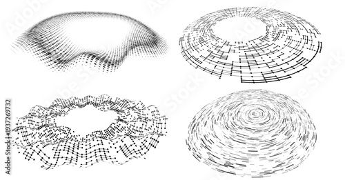 Abstract data structures set particle surface circular network and digital technology grids