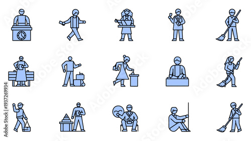 Worker icons collection featuring people in diverse labor occupations, including office clerk, scientist, baker, janitor, courier, and technician vector illustration.