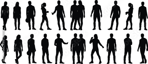 People silhouettes collection, men and women standing in different casual poses, diverse human figures isolated on white background