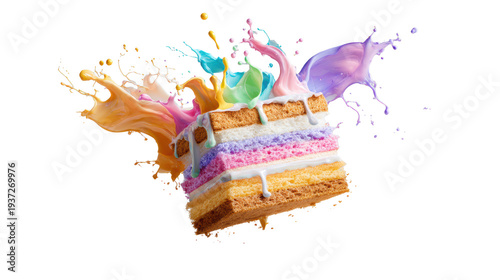 Floating rainbow layer cake slice with dripping white icing and vibrant paint splash effect