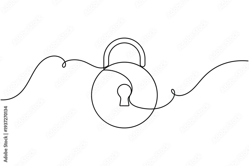 Obraz premium Simple lock sign icon continuous one line drawing single art on white background minimal security symbol outline vector illustration