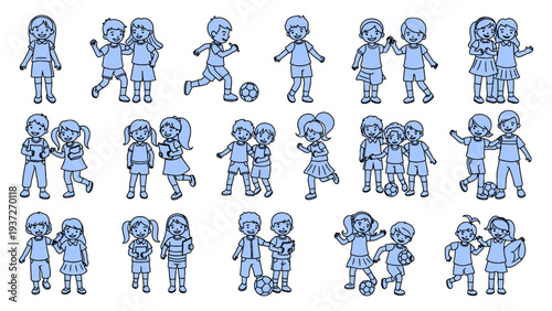 Primary student illustrations collection featuring diverse children in school uniforms engaged in sports, academic learning, and social group interactions vector.
