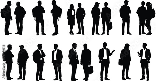 People silhouettes collection, men and women standing, talking, carrying backpacks and bags, casual and business characters isolated on white background