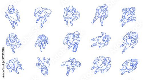 Top-view people outline sketches featuring diverse pedestrians walking in different directions with bags and winter clothing for architectural rendering vector illustration.