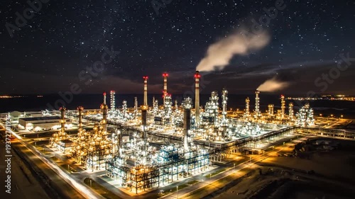 Aerial view of a large industrial oil refinery operating at night with bright lights and smoke.