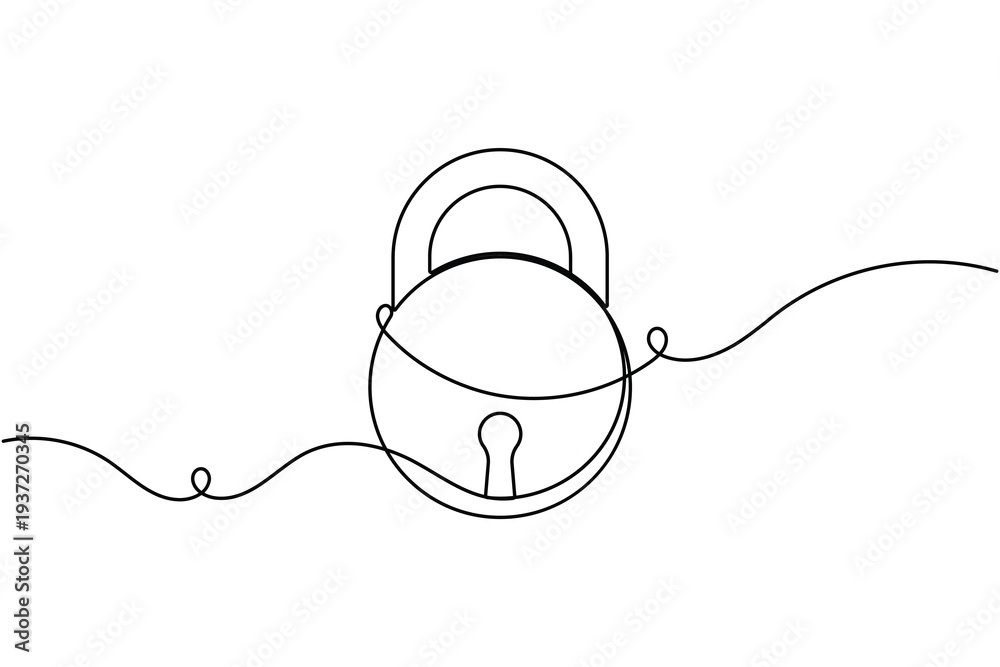 Obraz premium Simple lock sign icon continuous one line drawing single art on white background minimal security symbol outline vector illustration