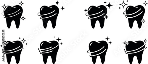 Shiny tooth icons collection, dental sparkle teeth symbols, oral hygiene healthy smile vector illustration set