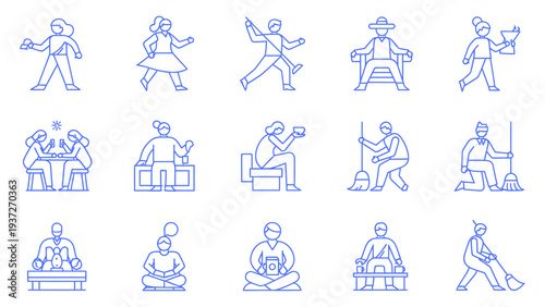 Activities performed by individuals, including walking, running, cleaning, and meditating, vector illustration.