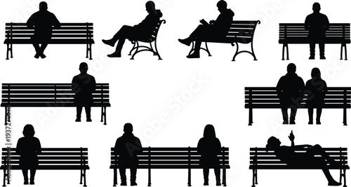 People sitting on park bench silhouettes collection, men and women relaxing, reading and resting isolated on white background