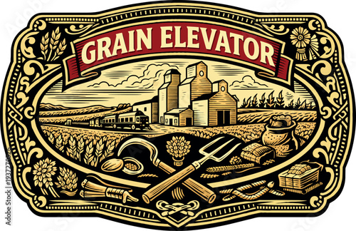 Grain Elevator Harvest Vintage Badge Vector
