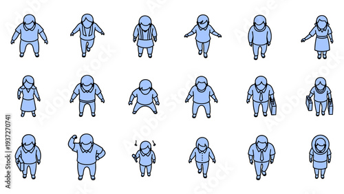 Simplified people figures in isometric perspective, top-down view, blue color, vector icons for user interface and web design, isolated on transparent vector illustration.